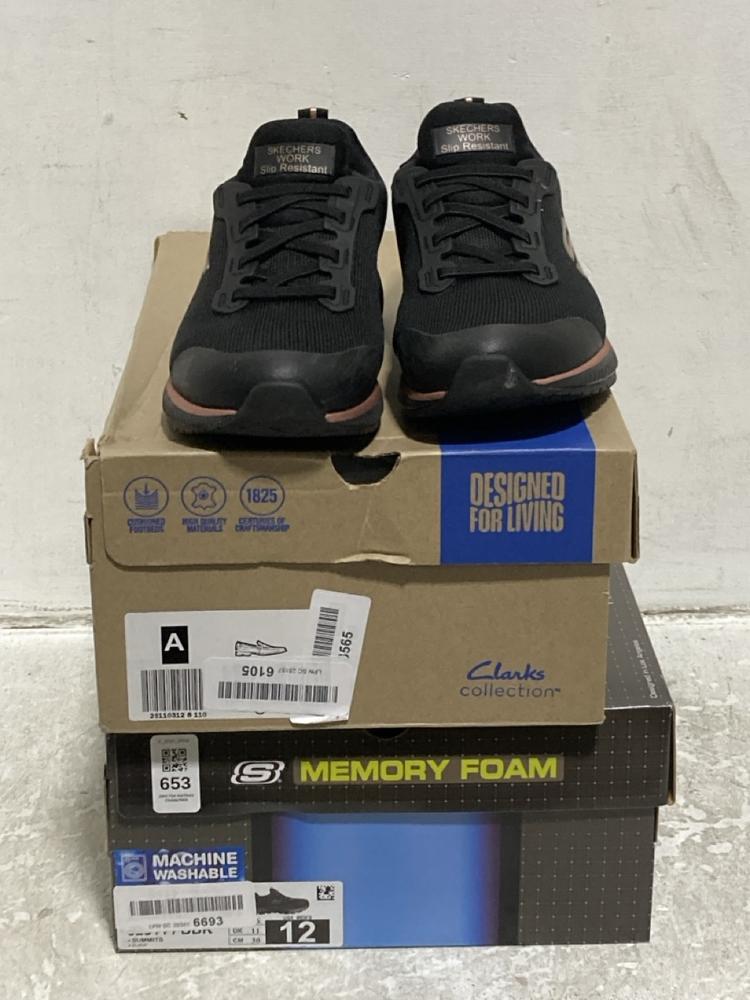 Lot 653  
            Chesterfield SR46 - Parcel Delivery Only 

                
3 X ASSORTED ADULTS SHOES TO INCLUDE SKECHERS MEMORY FOAM TRAINERS IN BLACK - UK ...