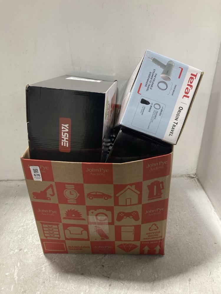Lot 676  
            Chesterfield SR46 - Parcel Delivery Only 

                
QTY OF ASSORTED KITCHEN ITEMS TO INCLUDE TEFAL ORIGIN TRAVEL FOLDABLE STEAMER (LO...