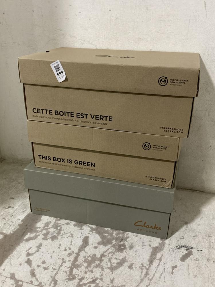 Lot 699  
            Chesterfield SR46 - Parcel Delivery Only 

                
3 X ASSORTED ADULTS SHOES TO INCLUDE CLARKS BATCOMBE SHOES IN DARK TAN LEATHER - ...