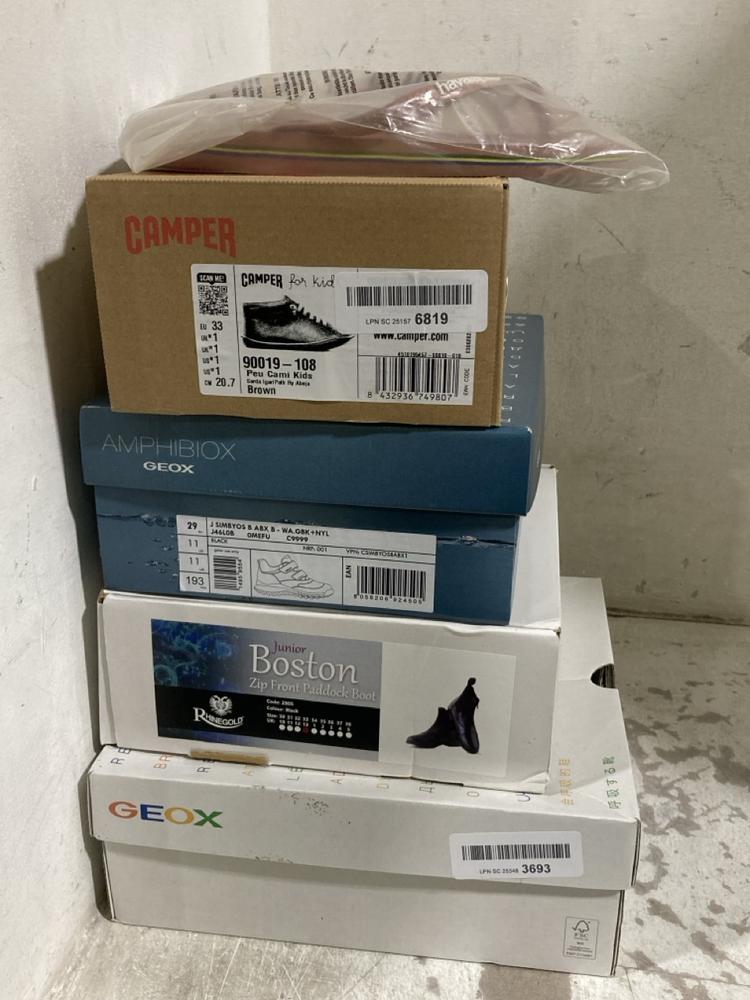 Lot 706  
            Chesterfield SR46 - Parcel Delivery Only 

                
5 X ASSORTED KIDS SHOES TO INCLUDE GEOX ECLAIR SHOES IN BLACK - UK SIZE 11.5 (LOC...