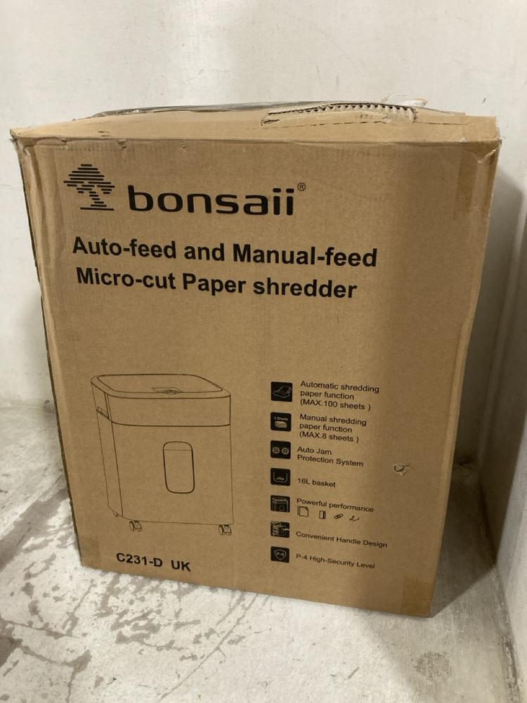Lot 720  
            Chesterfield SR46 - Parcel Delivery Only 

                
BONSAII AUTO-FEED & MANUAL-FEED MICRO-CUT PAPER SHREDDER (LOCATION: H4) - Image 2