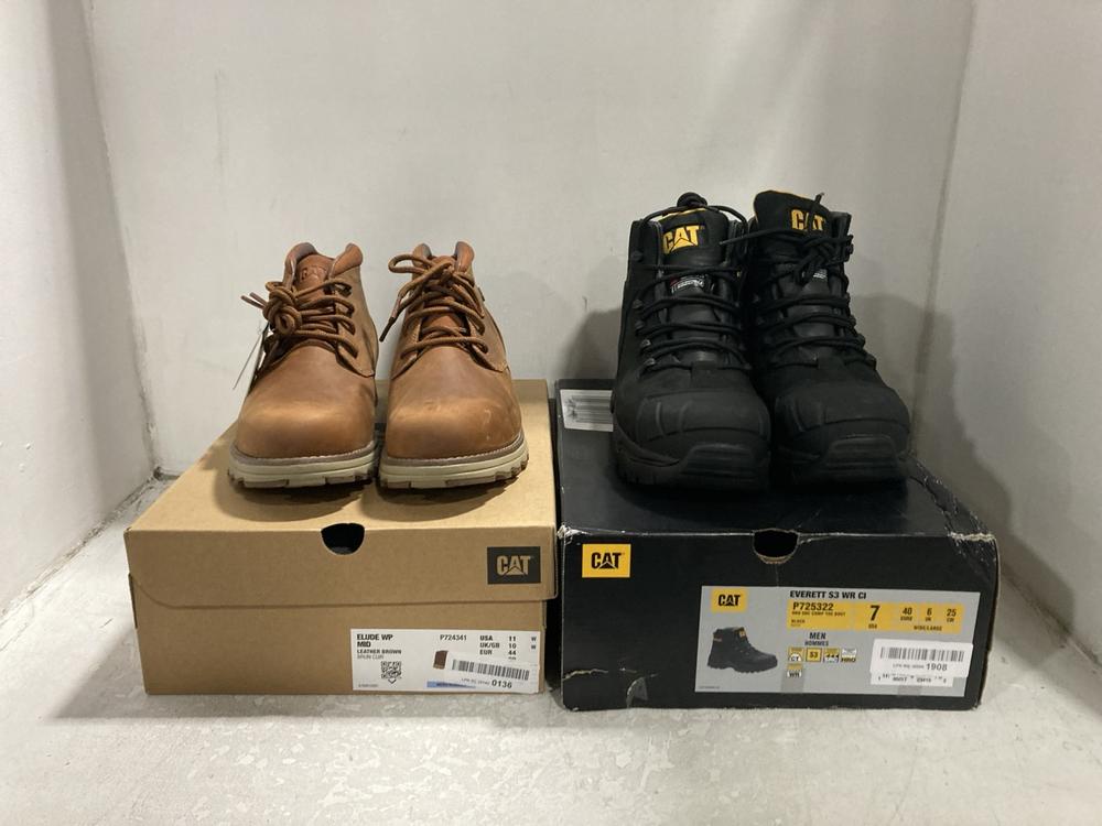 Lot 738  
            Chesterfield SR46 - Parcel Delivery Only 

                
CAT EVERETT S3 WR CI BOOTS IN BLACK - UK SIZE 6 TO INCLUDE CAT ELUDE WP BOTS IN B...