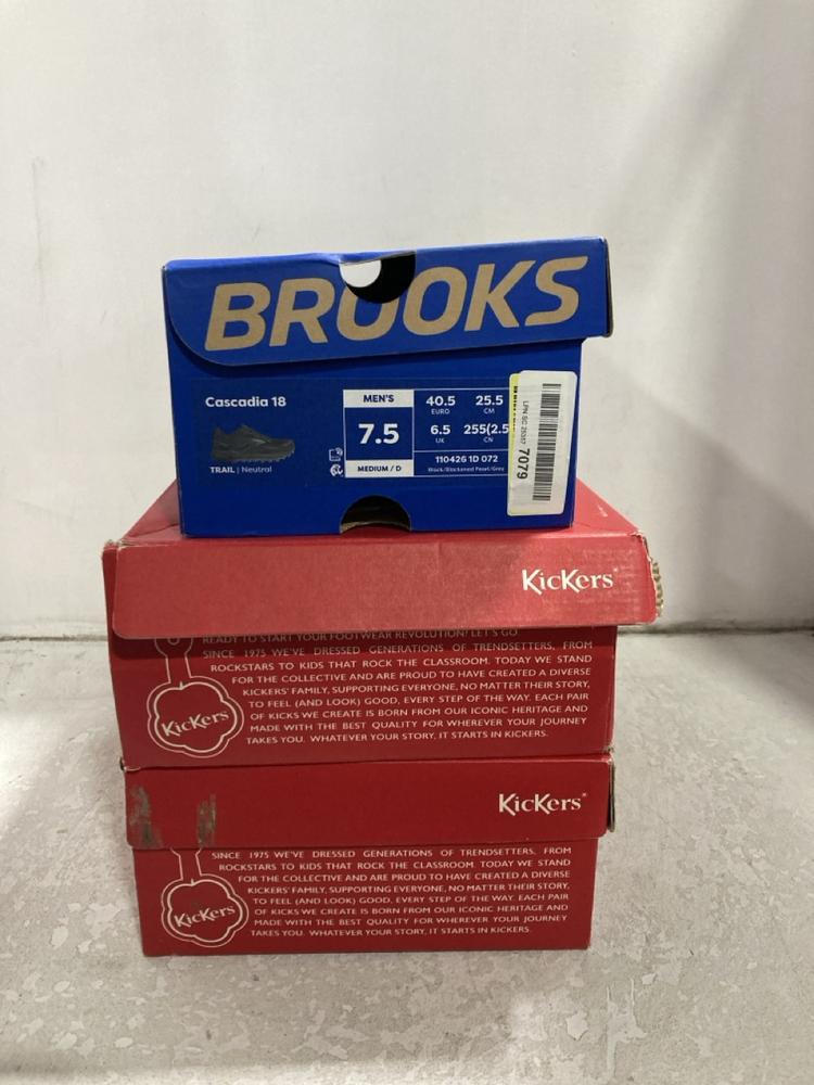 Lot 739  
            Chesterfield SR46 - Parcel Delivery Only 

                
3 X ASSORTED ADULTS SHOES TO INCLUDE BROOKS CASCADIA TRAIL SHOES IN BLACK - UK SI...