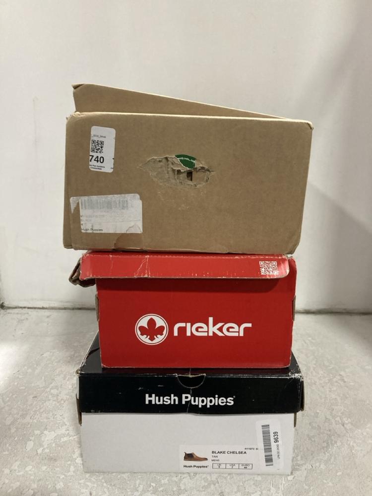 Lot 740  
            Chesterfield SR46 - Parcel Delivery Only 

                
3 X ASSORTED ADULTS SHOES TO INCLUDE HUSH PUPPIES BLAKE CHELSEA ANKLE BOOTS IN TA...