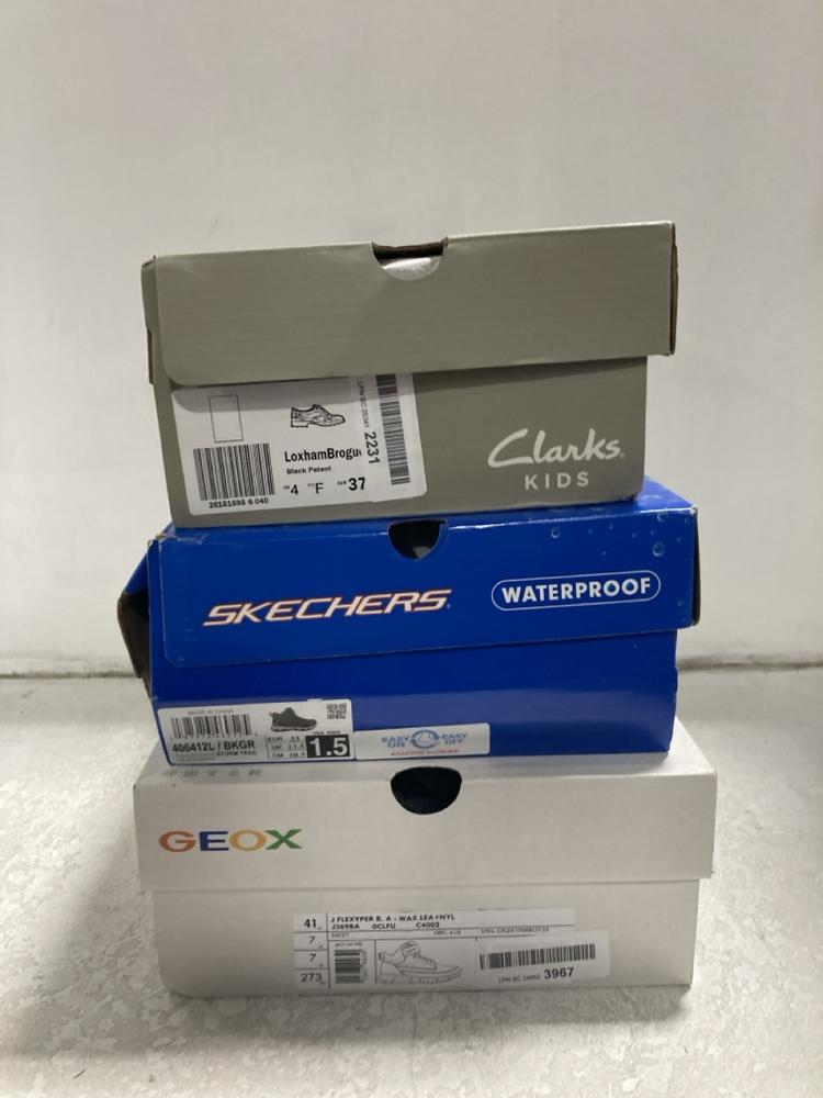 Lot 750  
            Chesterfield SR46 - Parcel Delivery Only 

                
3 X ASSORTED KIDS SHOES TO INCLUDE CLARKS LOXHAM IN BLACK PATENT - UK SIZE 4 (LOC...