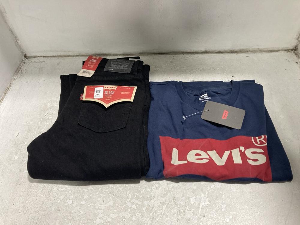 Lot 761  
            Chesterfield SR46 - Parcel Delivery Only 

                
LEVIS 510 SKINNY JEANS IN BLACK - UK SIZE 14 TO INCLUDE LEVIS T SHIRT IN NAVY - U...