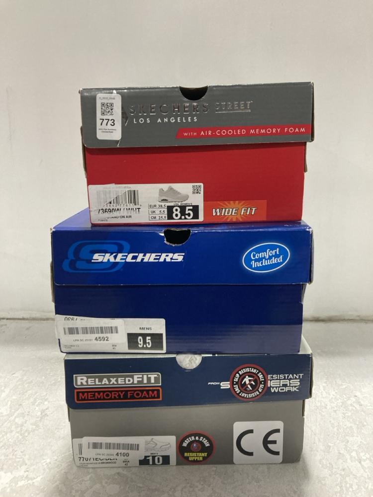 Lot 773  
            Chesterfield SR46 - Parcel Delivery Only 

                
3 X ASSORTED ADULTS SHOES TO INCLUDE SKECHERS AIR-COOLED TRAINER IN WHITE - UK SI...