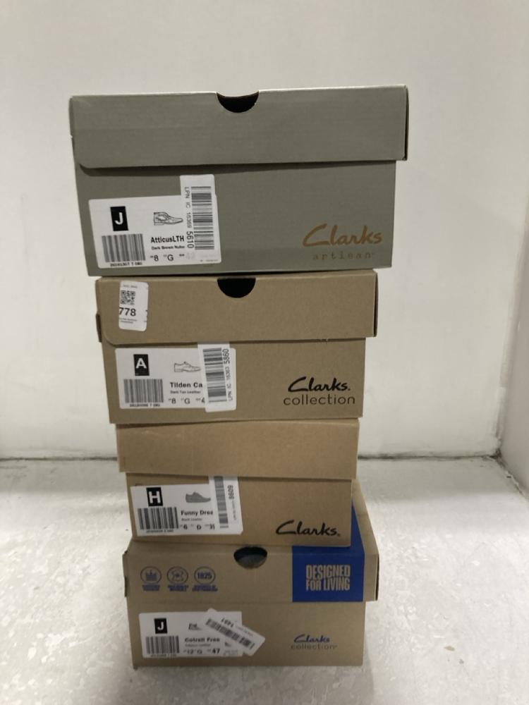 Lot 778  
            Chesterfield SR46 - Parcel Delivery Only 

                
4 X ASSORTED ADULTS CLARKS TO INCLUDE CLARKS TILDEN SHOES IN DARK TAN LEATHER - U...
