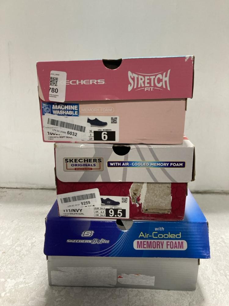 Lot 780  
            Chesterfield SR46 - Parcel Delivery Only 

                
3 X ASSORTED ADULTS SHOES TO INCLUDE SKECHERS STRETCH FIT SHOES IN BLACK - UK SIZ...