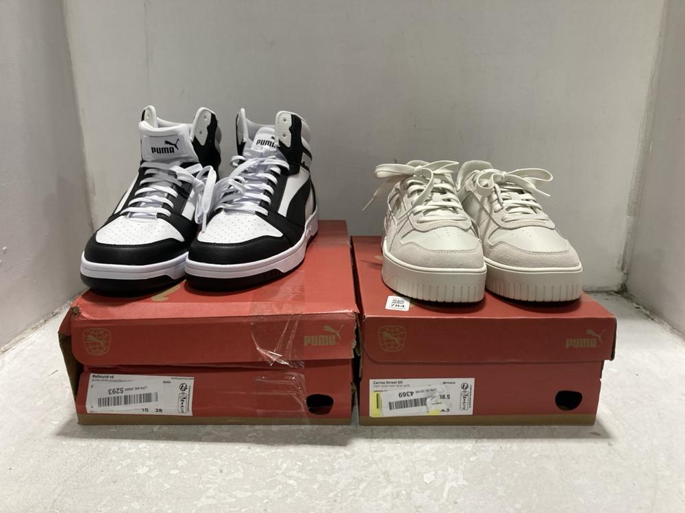 Lot 784  
            Chesterfield SR46 - Parcel Delivery Only 

                
PUMA REBOUND TRAINERS IN BLACK - UK SIZE 10 TO INCLUDE PUMA CAPRINA STREET TRAINE...