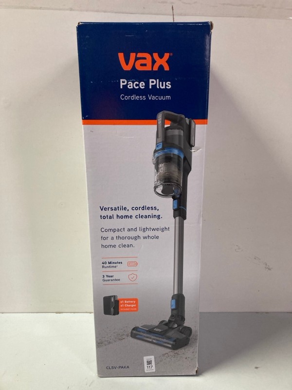 Lot 117  
            Nottingham SR1 - Delivery Only 

                
VAX PACE PLUS CORDLESS VACUUM CLEANER MODEL: CLSV-PAKA - ORIGINAL RRP.£189