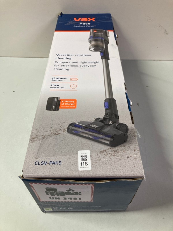 Lot 118  
            Nottingham SR1 - Delivery Only 

                
VAX PACE CORDLESS VACUUM CLEANER MODEL: CLSV-PAKS - ORIGINAL RRP.£129
