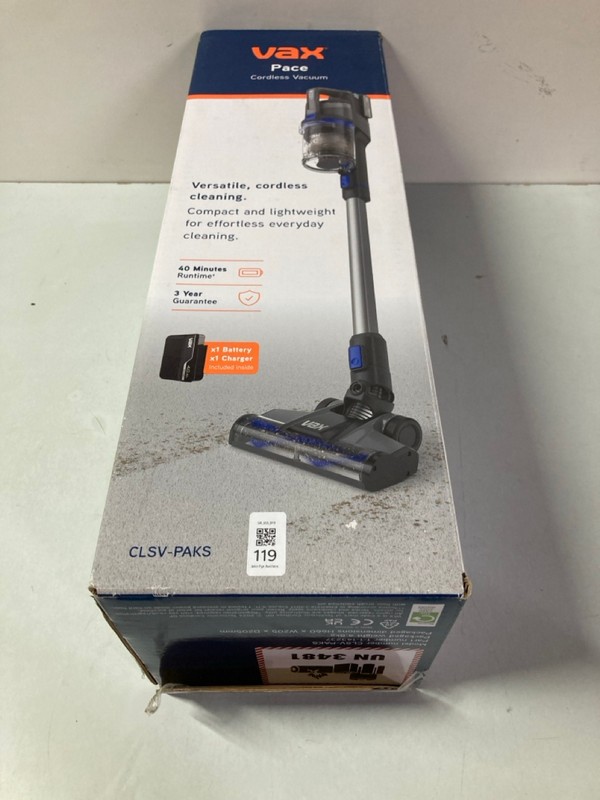 Lot 119  
            Nottingham SR1 - Delivery Only 

                
VAX PACE CORDLESS VACUUM CLEANER MODEL: CLSV-PAKS - ORIGINAL RRP.£129