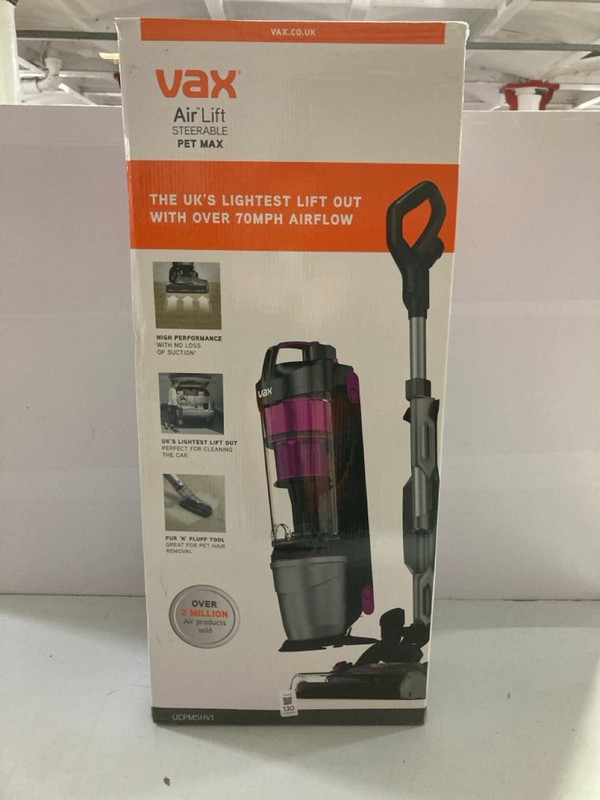 Lot 130  
            Nottingham SR1 - Delivery Only 

                
VAX AIR LIFT STEERABLE PET MAX UP-RIGHT VACUUM CLEANER MODEL: UCPMSHV1 - ORIGINAL...