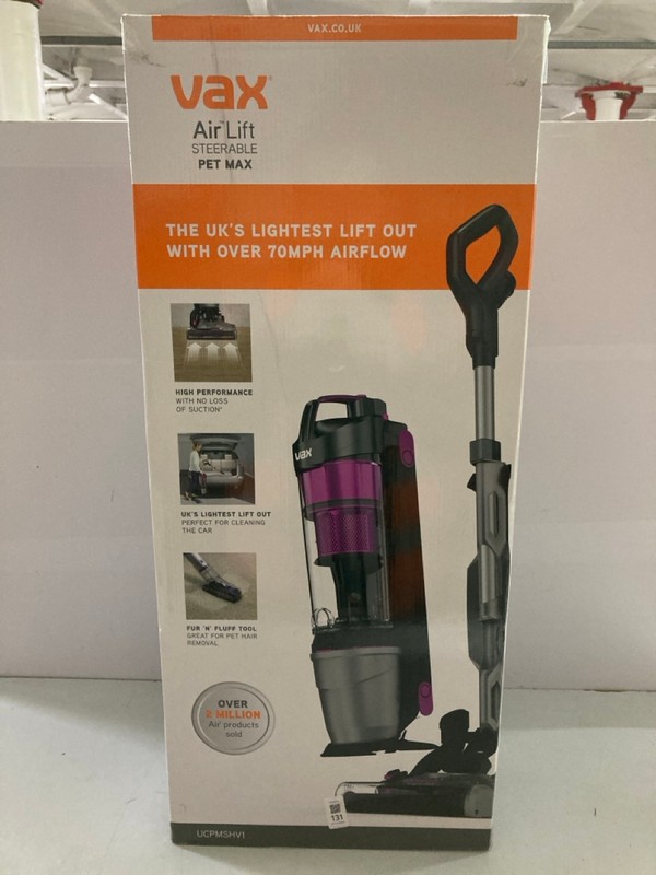Lot 131  
            Nottingham SR1 - Delivery Only 

                
VAX AIR LIFT STEERABLE PET MAX UP-RIGHT VACUUM CLEANER MODEL: UCPMSHV1 - ORIGINAL...