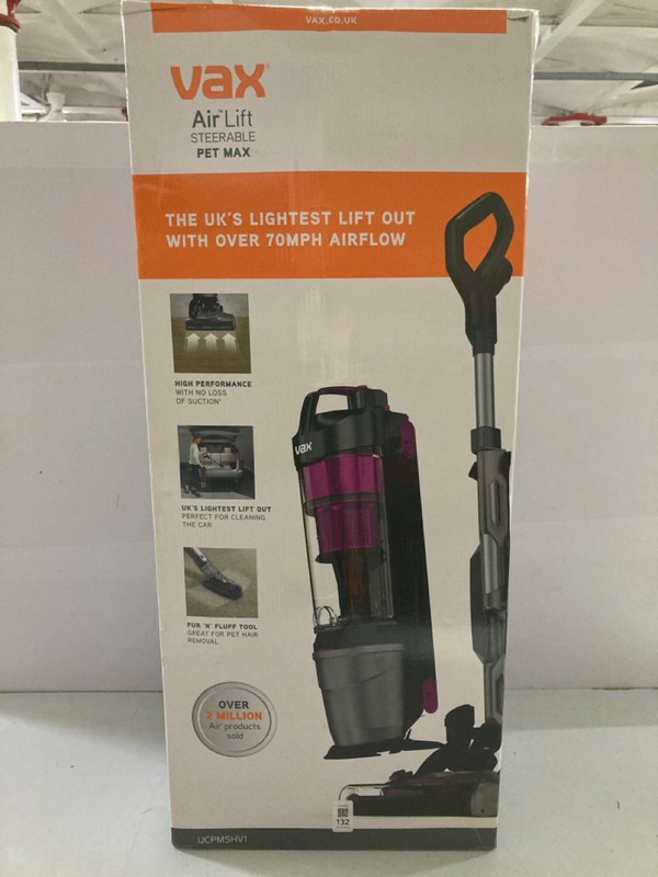 Lot 132  
            Nottingham SR1 - Delivery Only 

                
VAX AIR LIFT STEERABLE PET MAX UP-RIGHT VACUUM CLEANER MODEL: UCPMSHV1 - ORIGINAL...