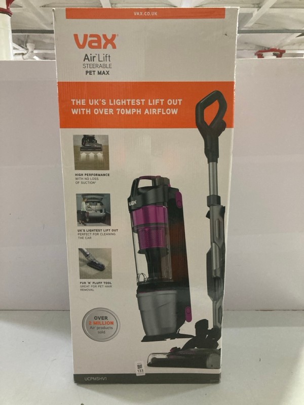 Lot 133  
            Nottingham SR1 - Delivery Only 

                
VAX AIR LIFT STEERABLE PET MAX UP-RIGHT VACUUM CLEANER MODEL: UCPMSHV1 - ORIGINAL...