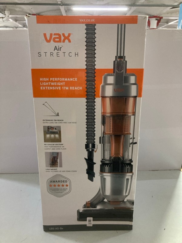 Lot 135  
            Nottingham SR1 - Delivery Only 

                
VAX AIR STRETCH UP-RIGHT VACUUM CLEANER MODEL: U85-AS-BE - ORIGINAL RRP.£79