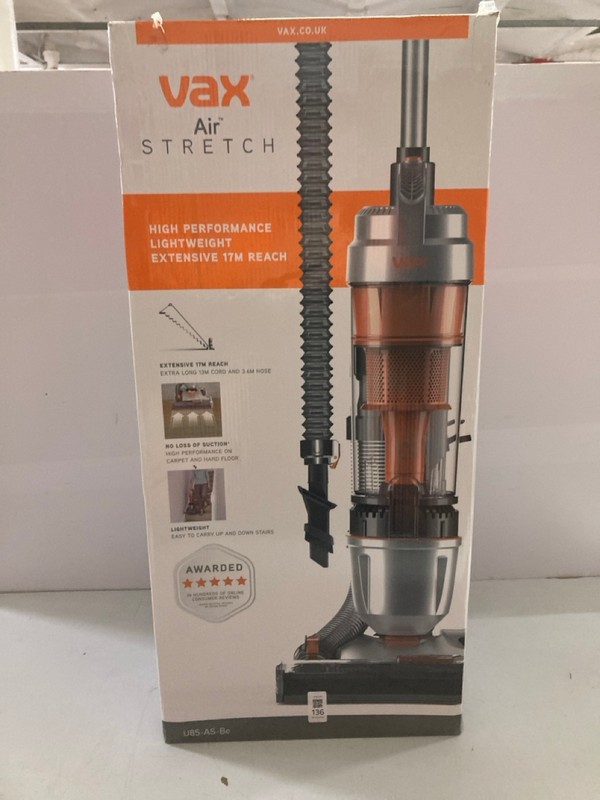 Lot 136  
            Nottingham SR1 - Delivery Only 

                
VAX AIR STRETCH UP-RIGHT VACUUM CLEANER MODEL: U85-AS-BE - ORIGINAL RRP.£79
