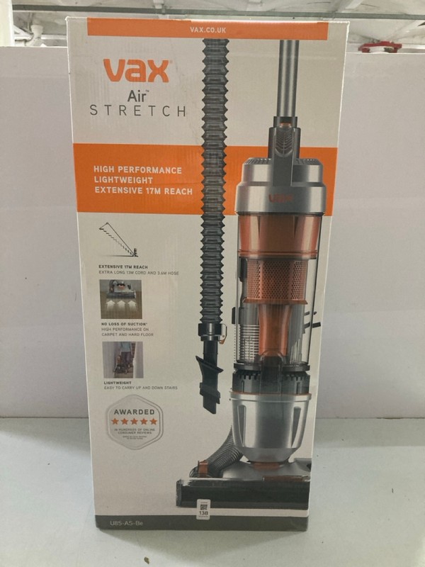 Lot 138  
            Nottingham SR1 - Delivery Only 

                
VAX AIR STRETCH UP-RIGHT VACUUM CLEANER MODEL: U85-AS-BE - ORIGINAL RRP.£79
