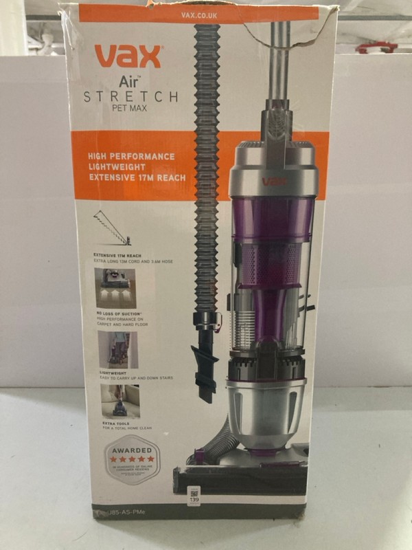 Lot 139  
            Nottingham SR1 - Delivery Only 

                
VAX AIR STRETCH PET MAX UP-RIGHT VACUUM CLEANER MODEL: U85-AS-PME - ORIGINAL RRP.£84