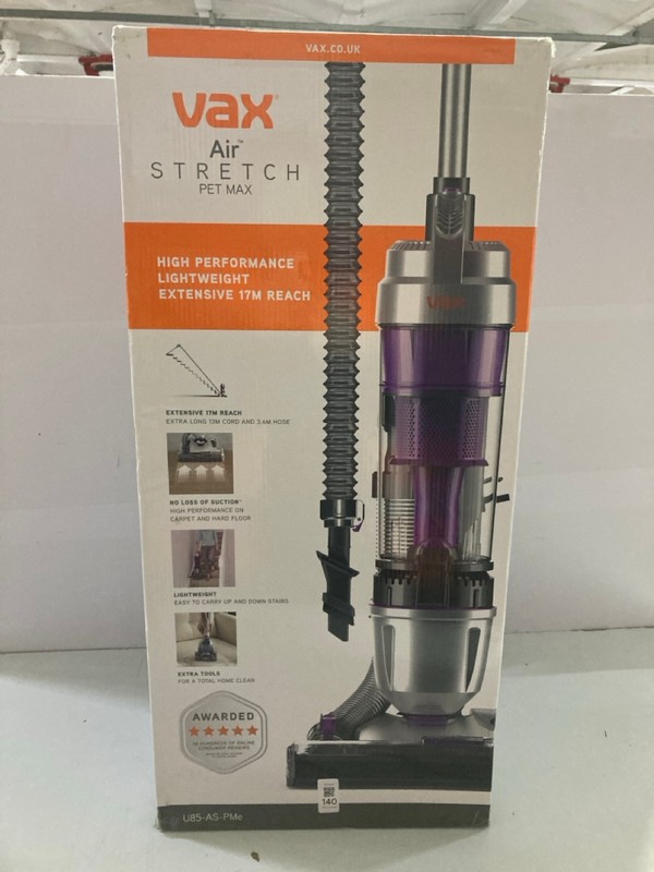 Lot 140  
            Nottingham SR1 - Delivery Only 

                
VAX AIR STRETCH PET MAX UP-RIGHT VACUUM CLEANER MODEL: U85-AS-PME - ORIGINAL RRP.£84