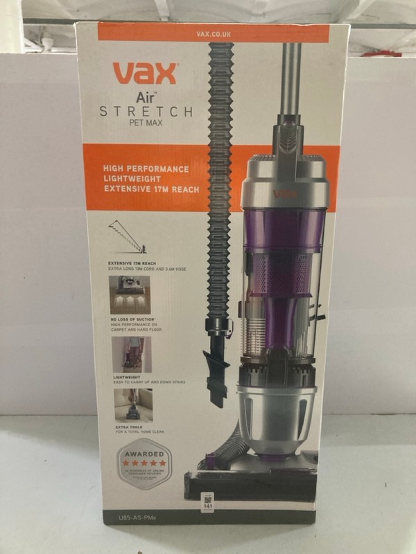 Lot 141  
            Nottingham SR1 - Delivery Only 

                
VAX AIR STRETCH PET MAX UP-RIGHT VACUUM CLEANER MODEL: U85-AS-PME - ORIGINAL RRP.£84