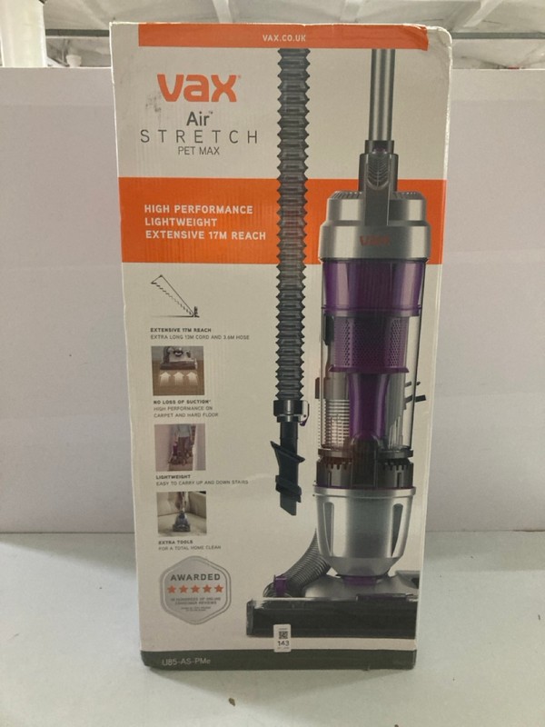 Lot 143  
            Nottingham SR1 - Delivery Only 

                
VAX AIR STRETCH PET MAX UP-RIGHT VACUUM CLEANER MODEL: U85-AS-PME - ORIGINAL RRP.£84