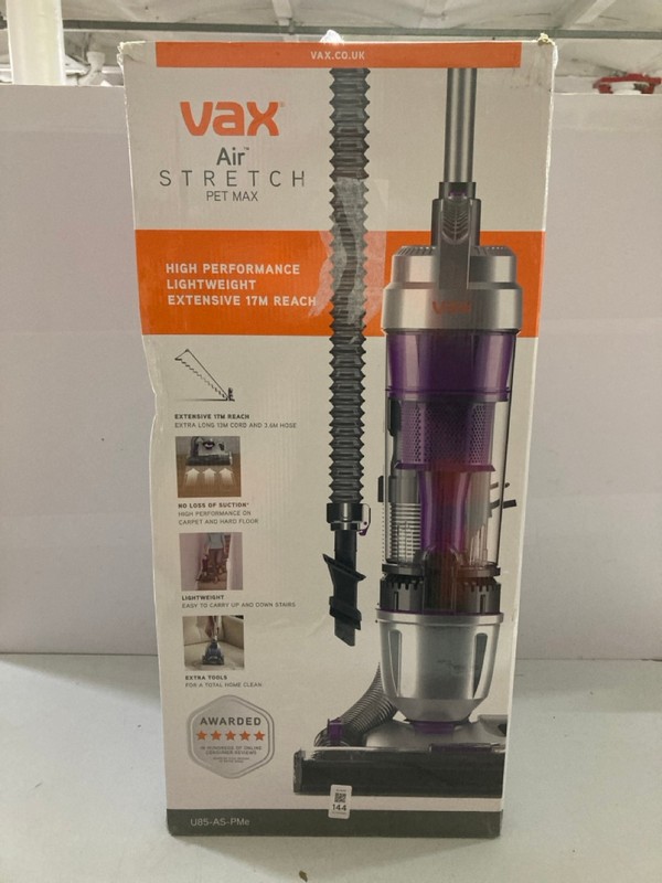 Lot 144  
            Nottingham SR1 - Delivery Only 

                
VAX AIR STRETCH PET MAX UP-RIGHT VACUUM CLEANER MODEL: U85-AS-PME - ORIGINAL RRP.£84
