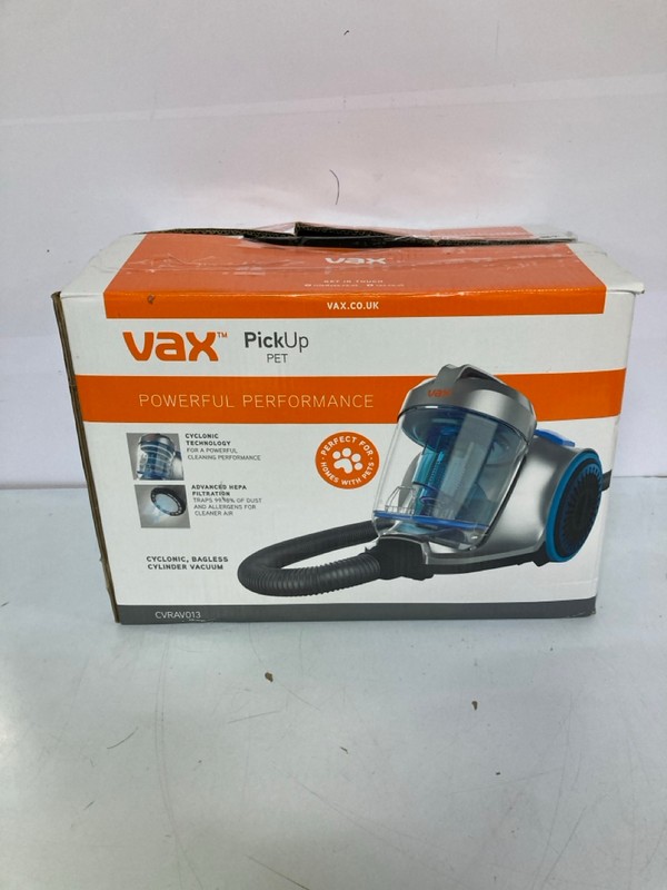 Lot 158  
            Nottingham SR1 - Delivery Only 

                
VAX PICKUP PET CYLINDER VACUUM CLEANER MODEL: CVRAV013 - ORIGINAL RRP.£69