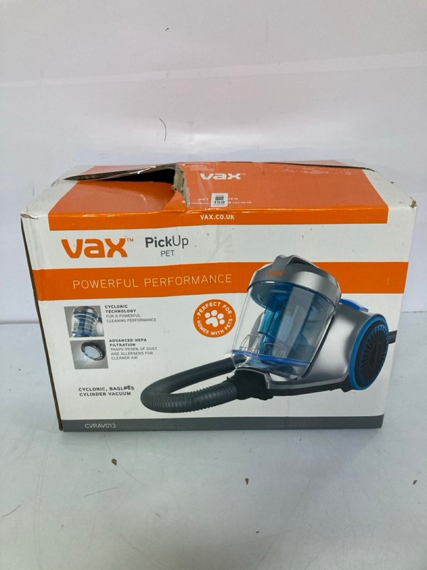 Lot 159  
            Nottingham SR1 - Delivery Only 

                
VAX PICKUP PET CYLINDER VACUUM CLEANER MODEL: CVRAV013 - ORIGINAL RRP.£69