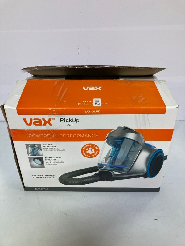 Lot 162  
            Nottingham SR1 - Delivery Only 

                
VAX PICKUP PET CYLINDER VACUUM CLEANER MODEL: CVRAV013 - ORIGINAL RRP.£69