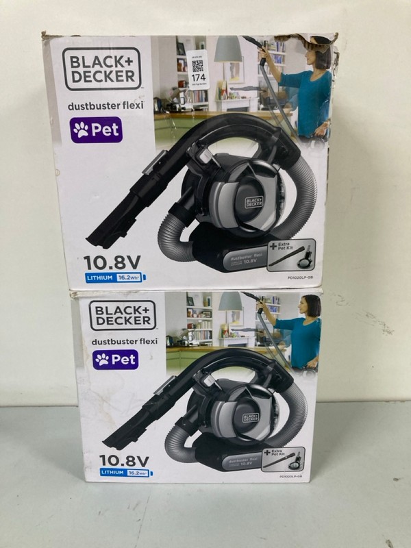 Lot 174  
            Nottingham SR1 - Delivery Only 

                
2 X BLACK + DECKER PET DUSTBUSTER FLEXI HANDHELD VACUUM CLEANERS