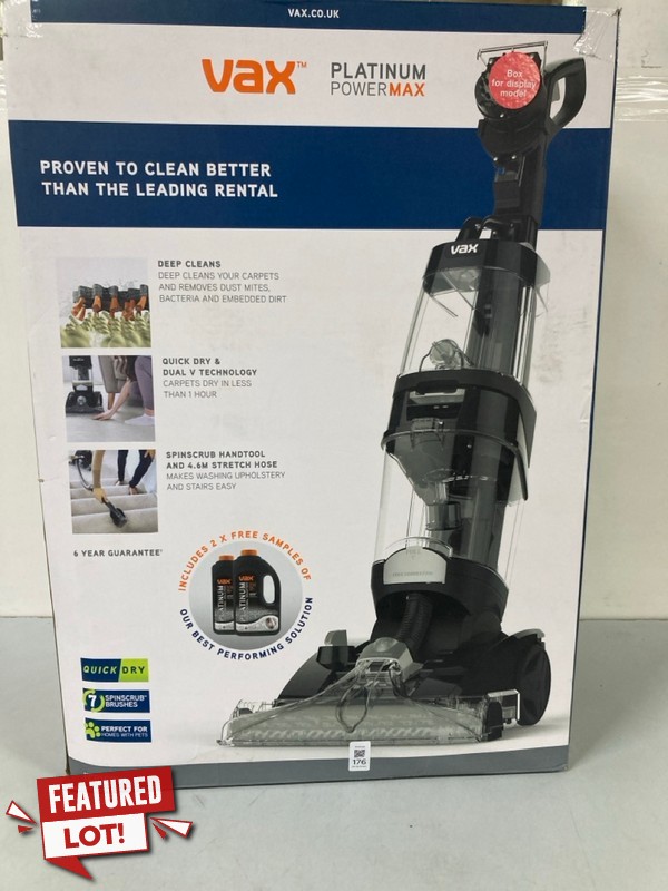 Lot 176  
            Nottingham SR1 - Delivery Only 

                
VAX PLATINUM POWER MAX UP-RIGHT CARPET WASHER MODEL: ECB1SPV1 - ORIGINAL RRP.£269