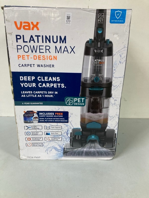 Lot 177  
            Nottingham SR1 - Delivery Only 

                
VAX PLATINUM POWER MAX PET-DESIGN CARPET WASHER MODEL: CDCW-PMXP - ORIGINAL RRP.£159