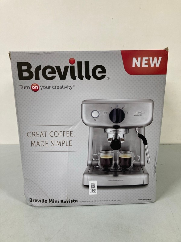 Lot 193  
            Nottingham SR1 - Delivery Only 

                
BREVILLE MINI BARISTA COFFEE MACHINE - MODEL - VCF125 - ORIGINAL RRP - £199.99