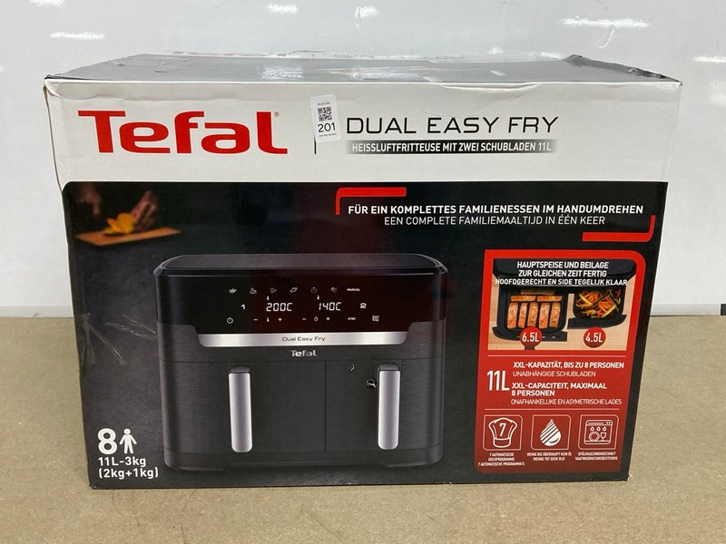 Lot 201  
            Nottingham SR1 - Delivery Only 

                
TEFAL DUAL EASY FRY AIR FRYER - MODEL - EY942 - ORIGINAL RRP - £139.99