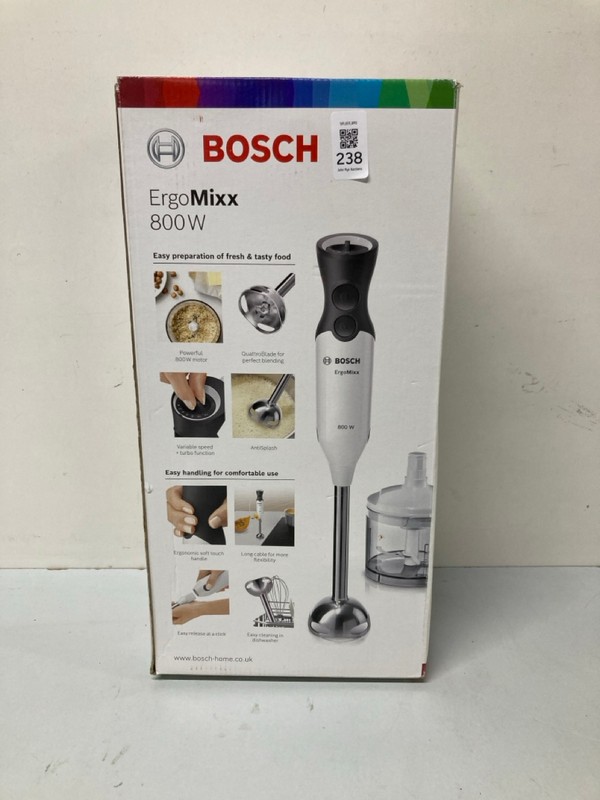 Lot 238  
            Nottingham SR1 - Delivery Only 

                
BOSCH ERGOMIXX 800W HAND MIXER - MODEL - MS6CA4150G - ORIGINAL RRP - £69.99