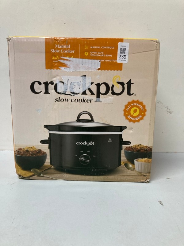Lot 239  
            Nottingham SR1 - Delivery Only 

                
CROCKPOT 3.7L MANUAL SLOW COOKER - MODEL - CSC078 - ORIGINAL RRP - £24.99