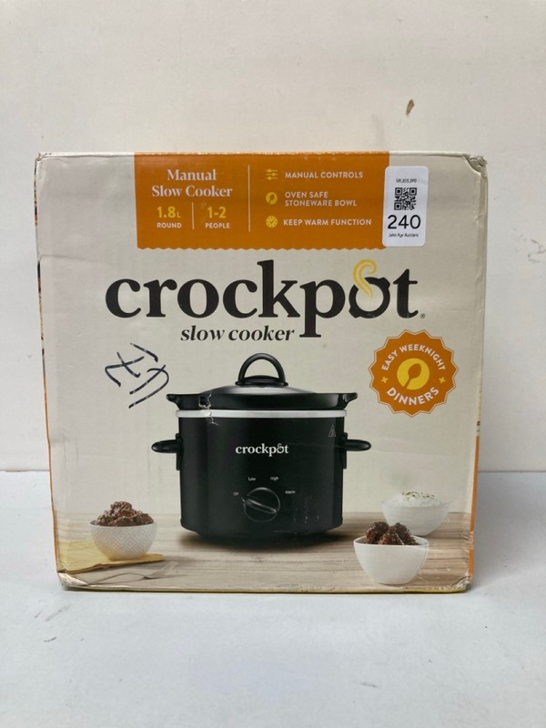 Lot 240  
            Nottingham SR1 - Delivery Only 

                
CROCKPOT 1.8L MANUAL SLOW COOKER - MODEL - CSC080 - ORIGINAL RRP - £14.99