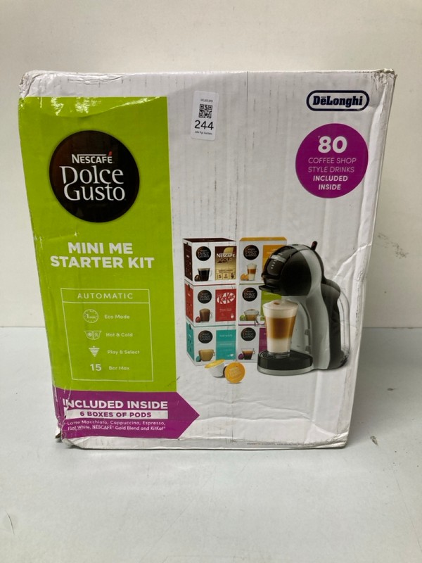Lot 244  
            Nottingham SR1 - Delivery Only 

                
NESCAFE DELONGHI DOLCE GUSTO MINI-ME STARTER KIT COFFEE MACHINE - MODEL - EDG155 ...