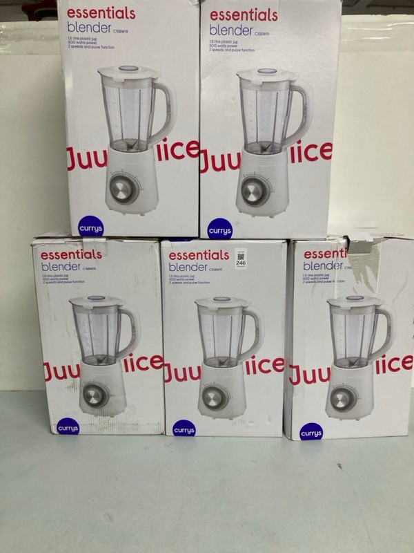 Lot 246  
            Nottingham SR1 - Delivery Only 

                
5 X ESSENTIALS 1.5L BLENDERS - MODEL - C15BW19 - ORIGINAL RRP - £24.99 (EACH)