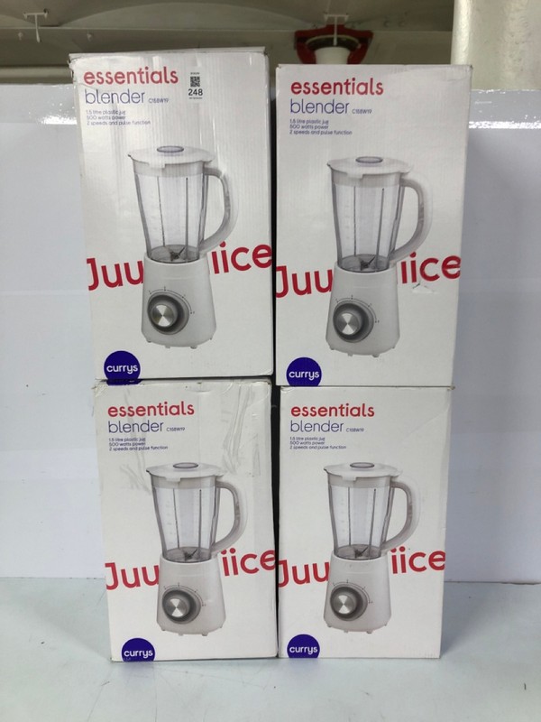 Lot 248  
            Nottingham SR1 - Delivery Only 

                
4 X ESSENTIALS 1.5L BLENDERS - MODEL - C15BW19 - ORIGINAL RRP - £24.99 (EACH)