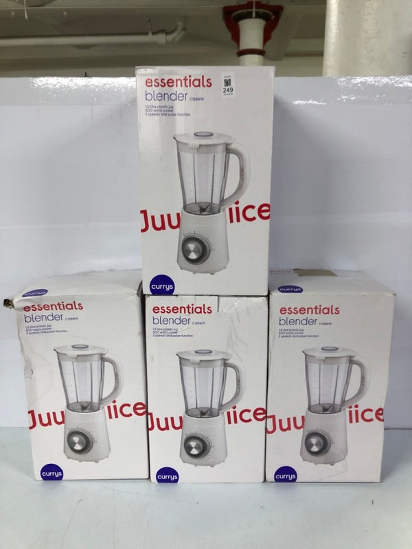 Lot 249  
            Nottingham SR1 - Delivery Only 

                
4 X ESSENTIALS 1.5L BLENDERS - MODEL - C15BW19 - ORIGINAL RRP - £24.99 (EACH)