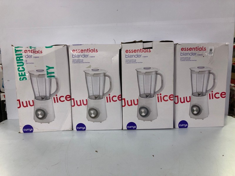 Lot 250  
            Nottingham SR1 - Delivery Only 

                
4 X ESSENTIALS 1.5L BLENDERS - MODEL - C15BW19 - ORIGINAL RRP - £24.99 (EACH)