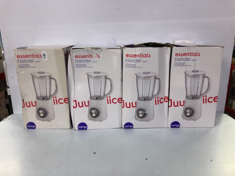 Lot 251  
            Nottingham SR1 - Delivery Only 

                
4 X ESSENTIALS 1.5L BLENDERS - MODEL - C15BW19 - ORIGINAL RRP - £24.99 (EACH)