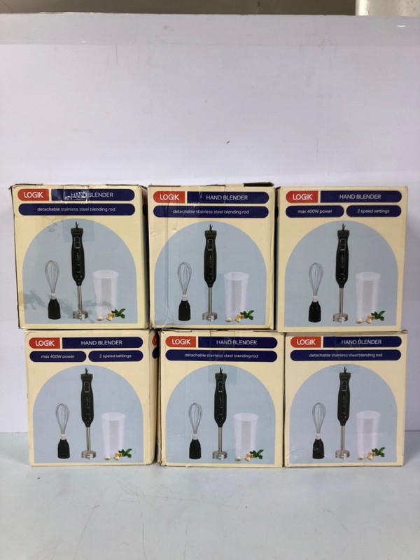 Lot 252  
            Nottingham SR1 - Delivery Only 

                
6 X LOGIK 4000W HAND BLENDERS - MODEL - L400HBB21 - ORIGINAL RRP - £12.99 (EACH)