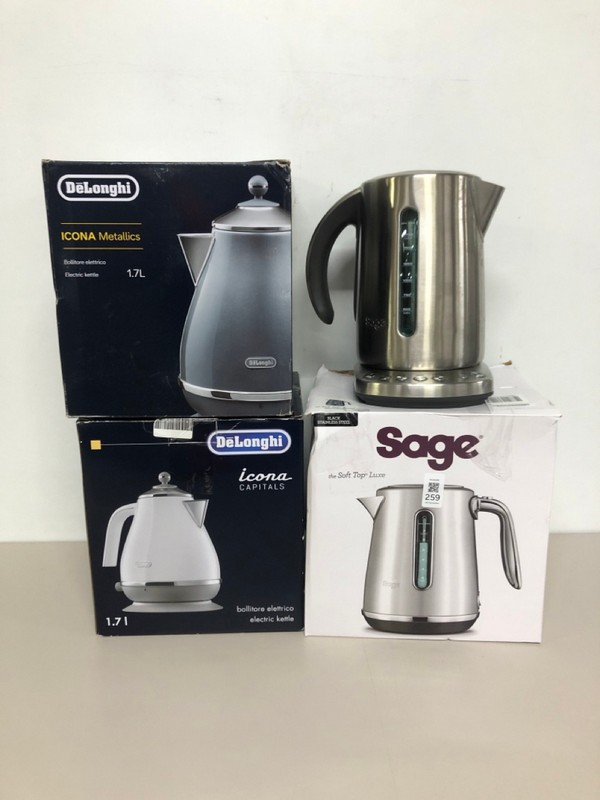 Lot 259  
            Nottingham SR1 - Delivery Only 

                
4 X VARIOUS KETTLES INC. SAGE 'THE SOFT TOP LUXE' BLACK STAINLESS STEEL KETTLE