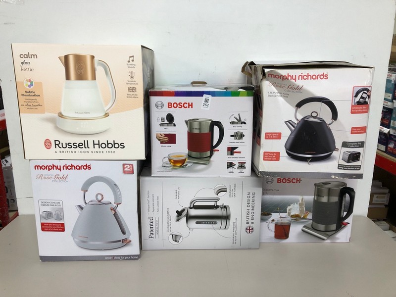 Lot 262  
            Nottingham SR1 - Delivery Only 

                
6 X VARIOUS KETTLES INC. BOSCH 1.7L KETTLE