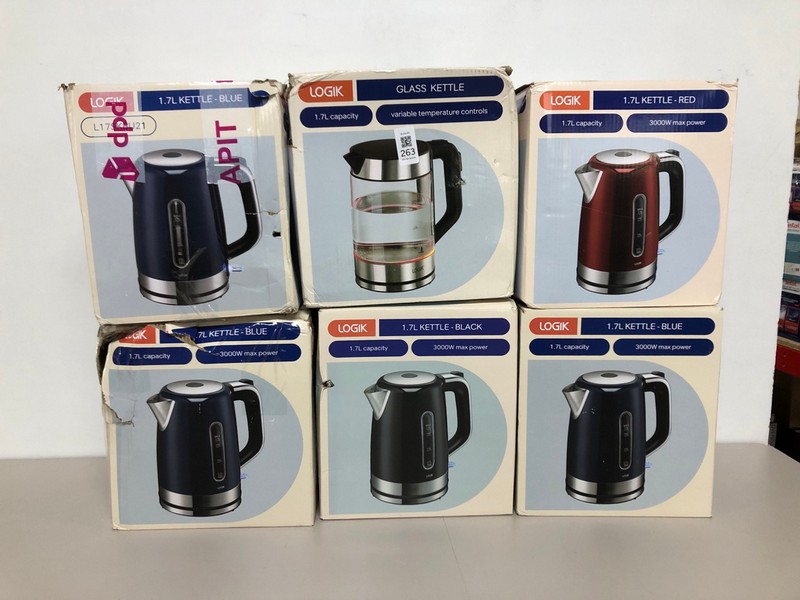 Lot 263  
            Nottingham SR1 - Delivery Only 

                
6 X VARIOUS LOGIK KETTLES INC. 1.7L BLACK KETTLE